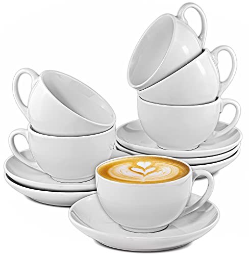 Cappuccino Tassen 6er Set aus Keramik Weiß - Mit Untertassen - Hält Lange warm - Spülmaschinenfest - 180ml