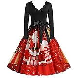 MINYA Weihnachten Abendkleid Damen Vintage Kleid Cocktailkleid bedruckt Weihnachten 1950er Jahre Abendkleid Ballkleid Herbst Winter Langarm Kleidung Damen Chic Elegant Vintage Tunika Rock A-Linie