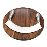 Holzschneidebrett Set Rundes Schneidebrett mit Wiegemesser, konkaves Servierbrett passend zum Schneiden von Gemüse, Kräutern, Brot, Zwiebeln - Akazienholz 2,5 cm dick