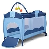GOPLUS 3 in 1 Baby Reisebett, Klappbares Babybett mit Matratze, Wickelauflage, Spielzeug & Tragetasche, Baby Laufstall mit Abschließbaren Rädern & Seiteneingang für 0-24 Monate (Blau)