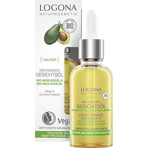 Bio Nährendes Gesichtsöl von LOGONA Naturkosmetik für trockene bis sehr trockene Haut, Pflegeöl mit Bio-Avocado & Vitamin E, Fördert die Zellerneuerung, Natürlich & Vegan, 30 ml