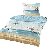 Traumschlaf Seersucker Bettwäsche Set •Bügelfrei• Maritimer Look Seemöven • mit Reißverschluss • 135x200 cm + 80x80 cm