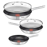 Tefal de-luxe Induktion Pfannenset 5-teilig 20, 24 & 28 cm + Jamie Oliver Glasdeckel 24 cm & 28 cm, Pfannen mit Optimale Hitzeverteilung und Gleitfähigkeit, Induktionsherd geeignet