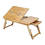 YORKING Laptoptisch 50x30cm Bambus klappbarer und höhenverstellbarer Notebooktisch mit Lüftungslöchern mit Schublade Betttisch Laptop Knietisch für Lesen oder Frühstück