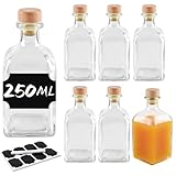 BLIENKREBY 6x Glasflaschen 250 ml mit Korken Leere, Glasflaschen zum Befüllen, Likörflaschen zum Befüllen, 8 Schwarze Etiketten mit Stift, mit Flüssigkeiten wie Öl, Essig und Spirituosen