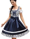 Zeagoo Dirndl Damen Midi Trachtenkleid Elegant Oktoberfest Kleider Trachtenmode Kleid 2Tlg. Deutschland Festlich Bierfest mit Schürze Blümchen Blau L