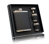 RUIXUE® Flachmann für Spirituosen und Whisky 7 oz / 200 ml,Schwarz Flachmann Edelstahl,flachmann leder mit 2 Bechern und 1 Trichter,hip flask Whiskyflasche,für Wandern und Camping usw.