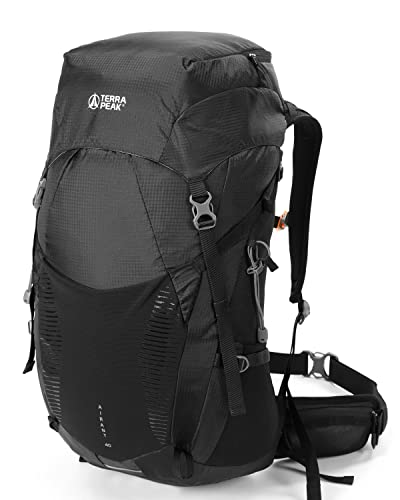 Terra Peak - Wanderrucksack Airant 40 Rucksack für Damen & Herren schwarz gross Trekking-rucksack zum Wandern und Camping mit belüftetem Netzrücken und Trinksystem-Vorbereitung unisex Backpack leicht