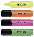 OFFICER PRODUCTS Textmarker 4er Pack Farbe: Gelb, Oragne, Rosa, Grün/Highlighter Textliner Die Ungiftige Tinte, Keilspitze Leuchtfarben Hohe Qualität/Strichstärke 2-5mm, 17055314-99
