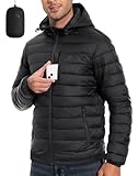 Pioneer Camp Leichte verstaubare Pufferjacke für Herren, mit Kapuze, warm, bauschig, Winterjacke, Mantel, isoliert, für Skifahren, Wandern, Reisen, Schwarz, XX-Large