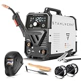 STAHLWERK Schweißgerät Mini FLUX 120 ST Digital – Vollausstattung – Fülldrahtschweißen ohne Schutzgas bis 120 A, kompakt, synergischer Drahtvorschub, mit LED-Licht, Lift-TIG- und MMA/ARC-Funktion