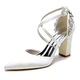 HFWXYSA Damen Blockabsatz 8,5 cm Brautschuhe Strass Knöchelriemen Spitze Zehen Satin Party Brautschuhe Pumps,Elfenbein,40 EU