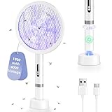 BKXCHA Elektrische Fliegenklatsche, 2 in 1 4000V Fliegenklatsche Elektrisch Extra Stark, 1800mAh USB Aufladbar Electric Fly Swatter mit Ladestation, LED Lichtfalle, 3-Lagiges Schutznetz, Weiß