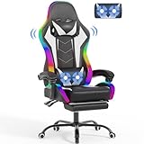 Devoko LED Gaming Stuhl mit Massage, Computerstuhl mit Fußstütze und Massage-Lendenkissen, Racing Gamer Stuhl Ergonomisch mit Verstellbare Kopfstütze, Bürostuhl Gaming Stuhl 180 kg belastbarkeit, Weiß
