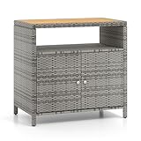 COSTWAY Gartenschrank Rattan, Terrassenschrank mit Akazienholz-Arbeitsplatte, offenem Fach und Doppeltür, Outdoor Aufbewahrungsschrank für Garten, Terrasse, 90 x 53 x 86 cm (Grau)
