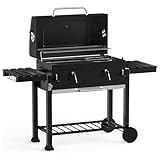 onlyfire Holzkohlegrill mit Deckel, Grill Grillwagen BBQ Smoker mit Rädern, Edelstahl Grillrost, Abdeckungen und Verstellbarer Kohlewanne, Kohlegrillwagen für Party, Camping, Holzkohle Grill