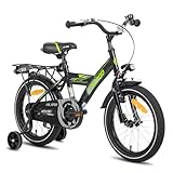 HILAND 16 Zoll Kinderfahrrad, StVZO, für Jungen Kinder ab 4,5,6 Jahren mit Rücksitz/Gepäckträger Stützräder Handbremse und Rücktrittbremse Schwarz