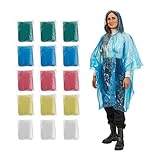 Relaxdays Regenponcho Einweg, 15er Set, Einmal Regencape Mit Kapuze, 5 Farben, Notfallponcho Für Damen & Herren, Bunt, Blau, Rot, Gelb, 95 X 120 Cm EU