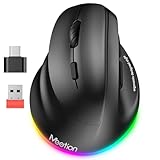 MEETION Linkshänder-Maus, Ergonomisch, Kabellos, Vertikal, RGB für Bluetooth (5.2 + 3.0) und USB-A Mit Typ-C-Adapter, 4 Einstellbare DPI, für Mac/Windows/PC/Tablet/iPad, Schwarz