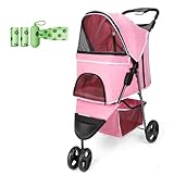Zevcri Hundewagen für kleine Hunde, leicht zusammenklappbar, für Katzen, Reisen, Haustier-Hundewagen, faltbar, für mittelgroße Hunde, Kinderwagen, Buggy, Wagen, Trolley mit 3 Gummirädern,