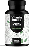 Vitamin D3 K2 hochdosiert – 180 Tabletten mit 2000 IE – Premium 99,7+% All-Trans K2-MK7 – Produziert in Deutschland
