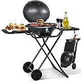 KESSER® elektrischer Elektrogrill 2in1 Tischgrill - Standgrill mit Deckel und Standfuß | max. 2400 Watt | Faltbar | Thermometer | Antihaftbeschichtung | Grillplatte Abstelltische | 2 Räder | Schwarz