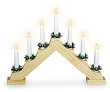 Holz Schwibbogen 39 cm mit 7 LED Kerzen und Timer - Natur - Weihnachtsdeko mit Beleuchtung - Adventsleuchter Lichterbogen Kerzenbrücke Fenster Deko Batterie betrieben