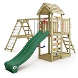 WICKEY Spielturm Klettergerüst RocketFlyer mit Schaukel & Grüner Rutsche, Outdoor Kinder Kletterturm mit Sandkasten, Leiter & Spiel-Zubehör für den Garten