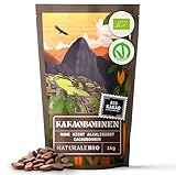 NaturaleBio Rohe Kakaobohnen. 1Kg Bio-Kakaobohnen. Natürliche und reine Rohkost. Kakao produziert aus der Theobroma-Kakaopflanze.