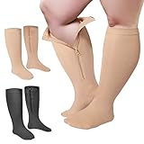 Hillban 2 Paar breite Waden-Kompressionsstrümpfe in Übergröße mit Reißverschluss für übergewichtige Damen und Herren, 15 bis 25 mmHg, Schwarz, Beige, Small-Medium