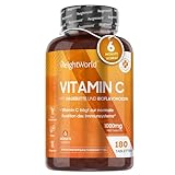 Vitamin C 1000mg - Für Immunsystem & Energie - 180 vegane Tabletten für 6 Monate - Vit C aus pflanzliche Fermentation - Ascorbinsäure mit Bioflavonoiden & Hagebutte - Magenfreundlich - Von WeightWorld