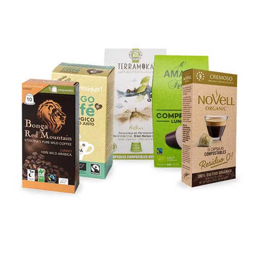 Coffee-Up-Entdeckerpaket: Lungo – 5 verschiedene Sorten kompostierbare & aluminiumfreie Bio-Kaffeekapseln, Nespresso® kompatibel