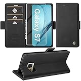 Handyhülle für Samsung Galaxy S7 Hülle mit Schutzfolie, Schutzhülle Galaxy S7 Standfunktion Premium Leder Wallet Silikon Phone Case Cover Hüllen S7 Klapphüllen 5.1 Zoll (Schwarz)