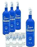 Jassas Ouzo 40% 4x 0,7l + 6 Ouzo Gläser | Besonders mild | Limited Edition | Älteste Ouzo Destillerie der Welt 1856