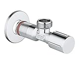 GROHE Eckventil, selbstdichtendes Anschlussgewinde (Abgang und Wandanschluss 1/2 Zoll, mit Schubrosette, wassergeschützte Spindelabsperrung, mit Fettkammer und doppelter O-Ring Abdichtung). 22043000