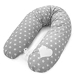 Amilian Stillkissen XXL - Seitenschläferkissen mit Bezug - Schwangerschaftskissen - Grau mit weißen Sternen, waschbarer Bezug, 190cm Lang, mit Füllung - Pregnancy Pillow - für Mütter und Babys