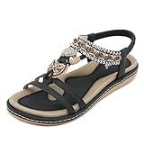 Acfoda Damen Sandalen Sommer mit Strass Bohemian Sandaletten Flach Offene Sommerschuhe Frauen mit Weiches Fußbett Outdoor Freizeit Strand Schuhe Schwarz 38 EU = 39 CN