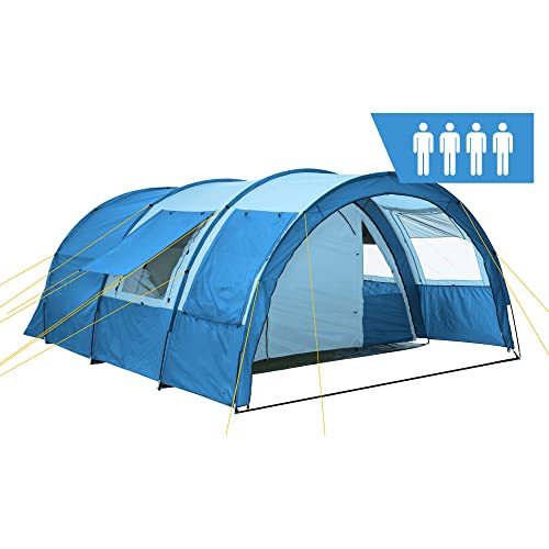 CampFeuer Zelt Multi für 4 Personen | Blau/Hellbau | Tunnelzelt mit riesigem Vorraum, 5000 mm Wassersäule | Campingzelt mit Bodenplane und versetzbarer Vorderwand | Gruppenzelt, Familienzelt