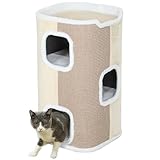 PawHut Kratztonne 74 cm Hoch dreistöckige Katzentonne mit Kissen, Plüschrand, Katzenhöhle, Kratzbaum für kleine Katzen, Beige+Weiß