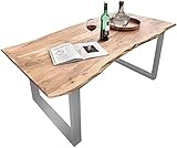 SAM Baumkantentisch 120x80 cm Quarto, Akazienholz massiv + naturfarben, Esstisch mit silbernem U-Gestell, Esszimmertisch/Holztisch Industrial-Design, Tischplatte 26 mm