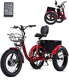 KAKIGO E-Bike 3 Rad für Erwachsene,Elektro Dreirad Fahrrad 48V 15Ah Akku, Lasten Ebike Klapprad 50 * 10 cm Fatbike, 25km/h, Dreirad für senioren Reichweite bis zu 55-110Km (Rote Faltbare Version)