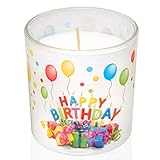 Candelo Hochwertige Happy Birthday Kerze im Glas Ambiente – Geburtstagskerze – 7cm x 8cm - 10 Std Brenndauer – Windlicht unbeduftet – Glaskerze