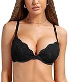 DOBREVA Damen Push Up BH Mit Spitze Gepolstert Plunge Bügel Vollschalen BHS Gemoldete Cups Schwarz 90C