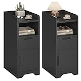 Brinlawb Nachttisch 2er set, Nachttisch Schmal Nachtschrank 2er set mit 1 offenen Fach, 1 Schublade und 1 Schrank mit Tür, Beistelltisch Schmal Sofatisch Nightstand für Schlafzimmer Wohnzimmer Schwarz