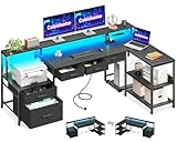 Coleshome Schreibtisch L Form mit Schubladen, 175x100cm Gaming Tisch mit Steckdose, LED & Monitorständer, Reversibler Eckschreibtisch mit Stauraum, Computertisch mit Regal für Büro, Schwarz