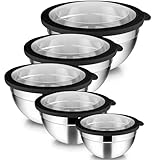 Joyfair Rührschüssel 5er Set, Edelstahl Schüssel mit Transparenter Luftdichtem Deckel, 4,5L/ 2,7L/ 1,5L/ 1,2L/ 0,7L, Stapelbar Salatschüssel zum Servieren/Kochen/Backen, Spülmaschinenfest - Schwarz
