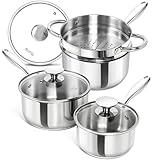 MICHELANGELO Kochtöpfe mit Deckel und Dampfgarer, 7-teilig, Edelstahl-Topf-Set mit dreifachem Boden, Stielkasserolle mit Dampfgarer, 18/10 Stielkasserolle, Induktionsgeeignet, 1QT & 2QT & 3QT