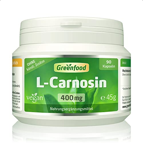 Greenfood L-Carnosin, 400 mg, hochdosiert, 90 Kapseln, vegan - wichtige Aminosäure. Hergestellt durch Fermentation. OHNE künstliche Zusätze. Ohne Gentechnik.