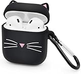 LIUKE Niedliche Airpods-Hülle, Airpods 2-Hülle, Schwarze Whisker-Katze Kitty, lustiges 3D-Cartoon-Tier, stoßfest, weiche Silikonhülle mit Karabiner für Airpods der 1. und 2. Generation