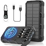 Solar Powerbank 26800mAh, Euakee Wireless Charging Power Bank mit 4 Kabeln & Campinglampe, wasserdichte Powerbank für 15W USB-C, Micro USB, Typ-C, iOS-Eingang 4 Ausgang 6 Eingangsanschlüsse (Schwarz)